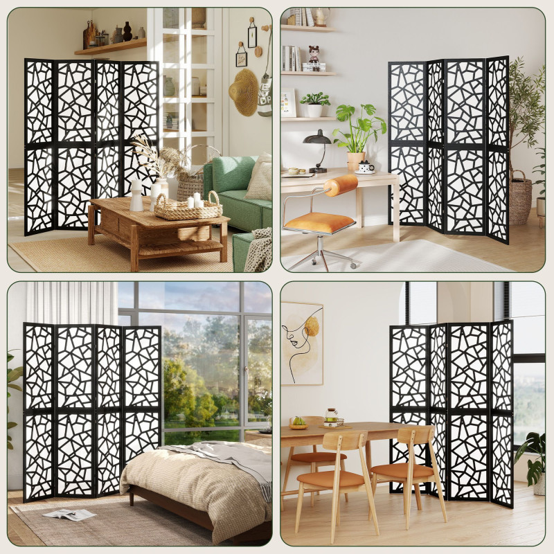 4 Panel Room Divider, 5.6 FT Lightweight Folding Privacy Screen with Geometric Pattern for Living Room, Bedroom, Black