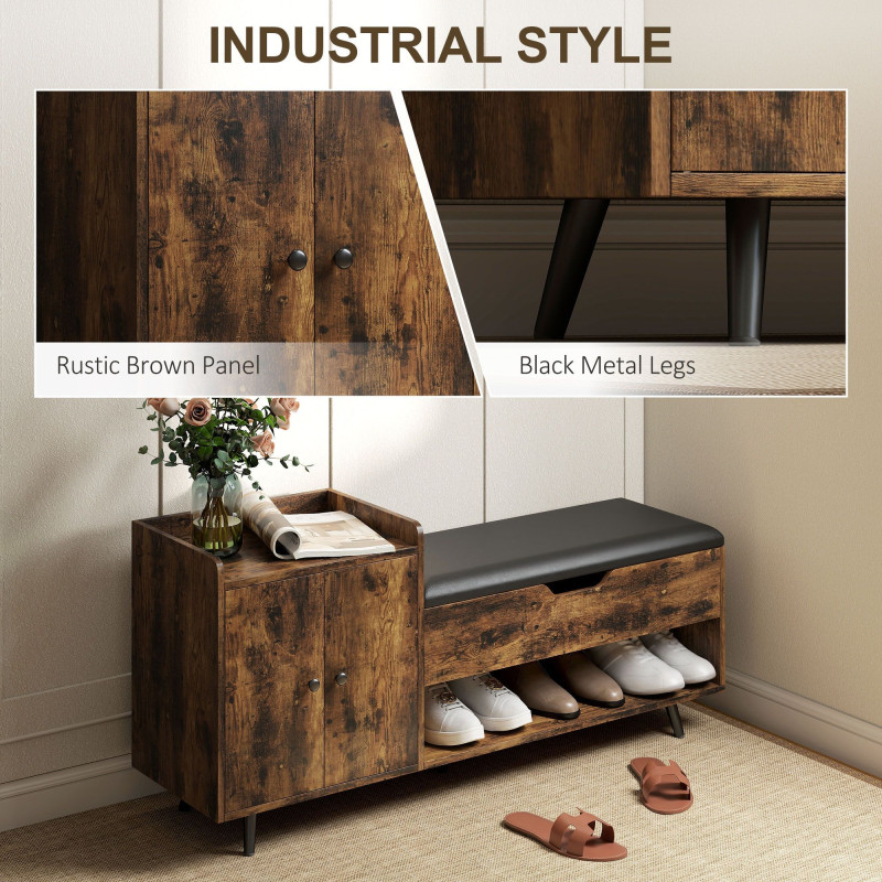 Storage Bench, Entryway Bench with Cushion, Hidden Storage, Compartments, Rustic Brown