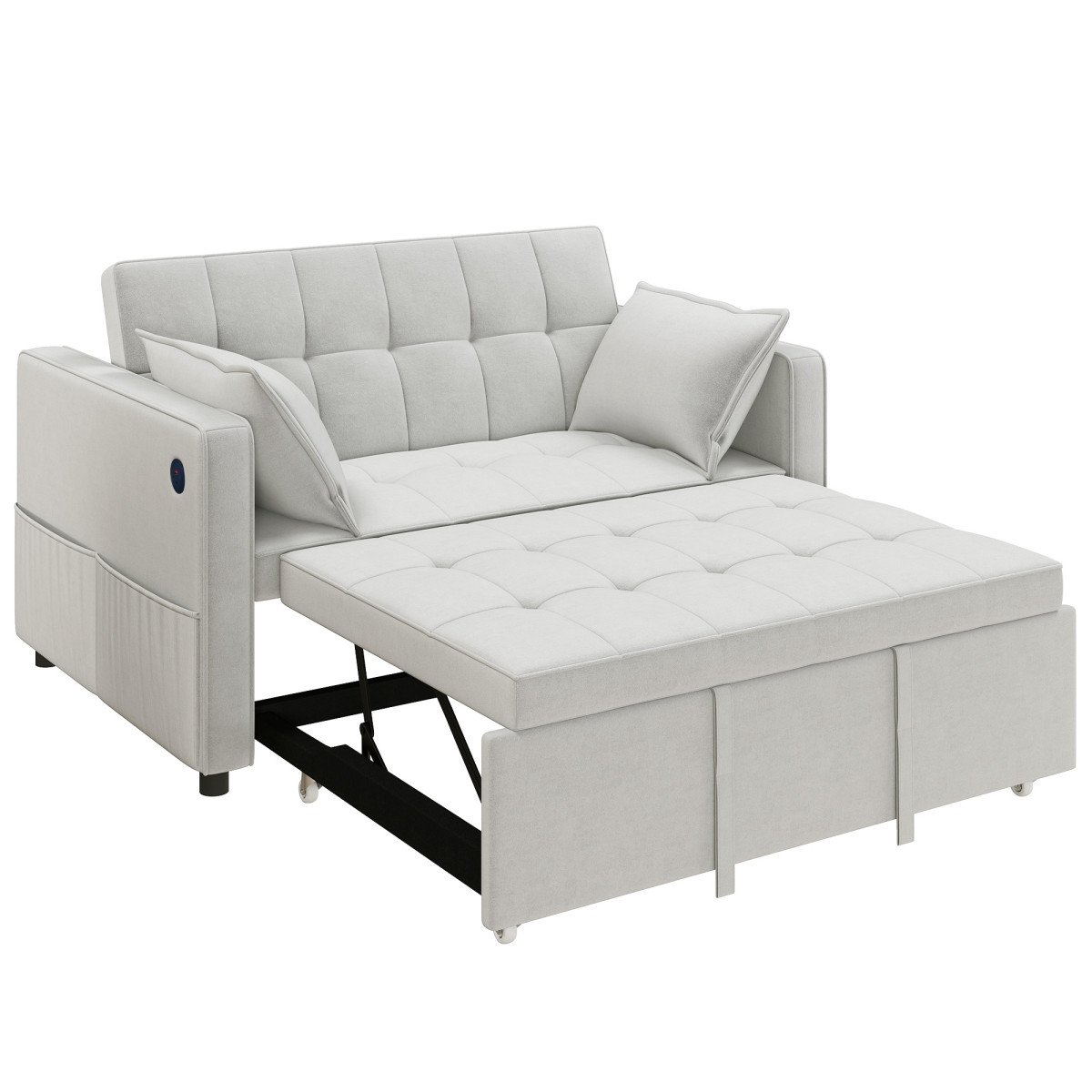 3‑in‑1 Convertible Sofa Bed, Pull Out Sleeper Sofa with USB Charging, Adjustable Backrest, Side Pockets, Beige