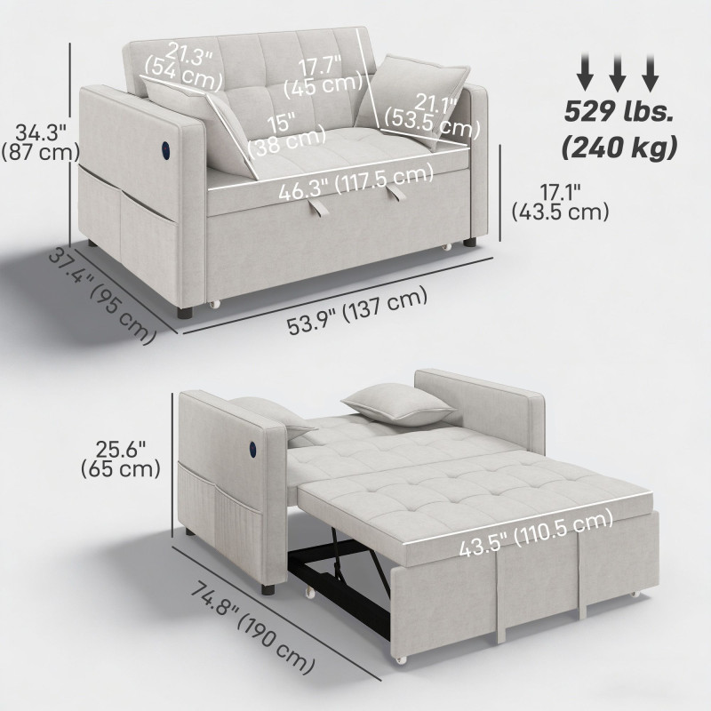 3‑in‑1 Convertible Sofa Bed, Pull Out Sleeper Sofa with USB Charging, Adjustable Backrest, Side Pockets, Beige
