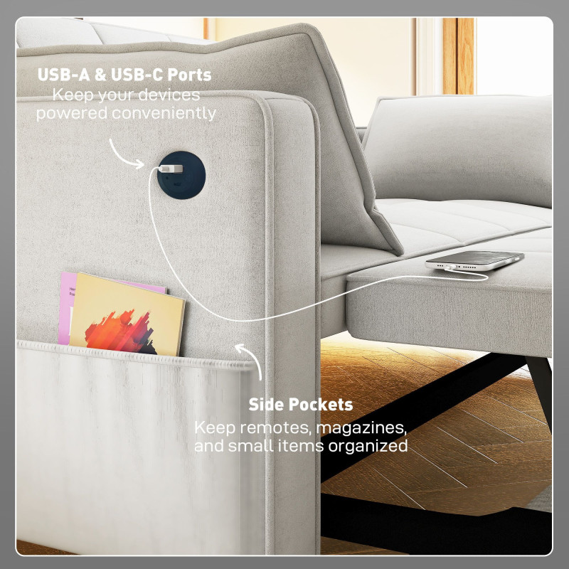 3‑in‑1 Convertible Sofa Bed, Pull Out Sleeper Sofa with USB Charging, Adjustable Backrest, Side Pockets, Beige