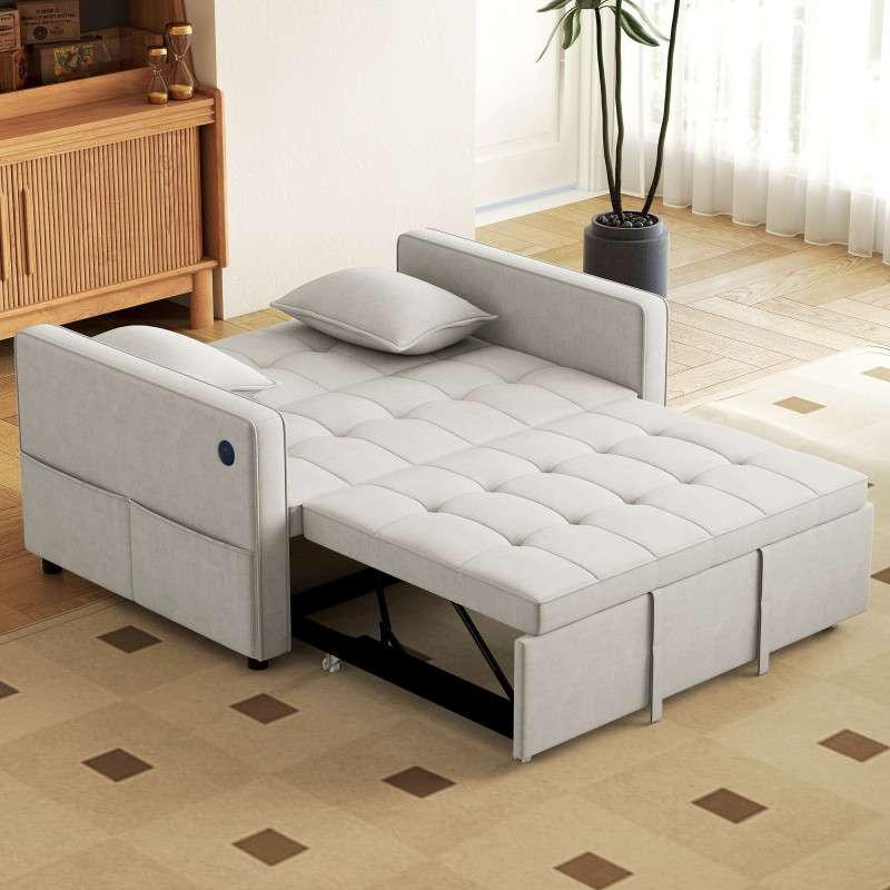 3‑in‑1 Convertible Sofa Bed, Pull Out Sleeper Sofa with USB Charging, Adjustable Backrest, Side Pockets, Beige