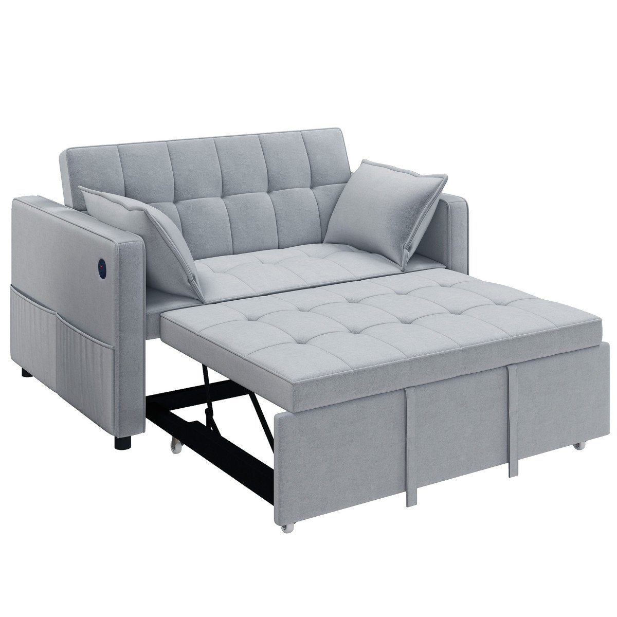 3‑in‑1 Convertible Sofa Bed, Pull Out Sleeper Sofa with USB Charging, Adjustable Backrest, Side Pockets, Light Grey