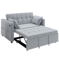 3‑in‑1 Convertible Sofa Bed, Pull Out Sleeper Sofa with USB Charging, Adjustable Backrest, Side Pockets, Light Grey