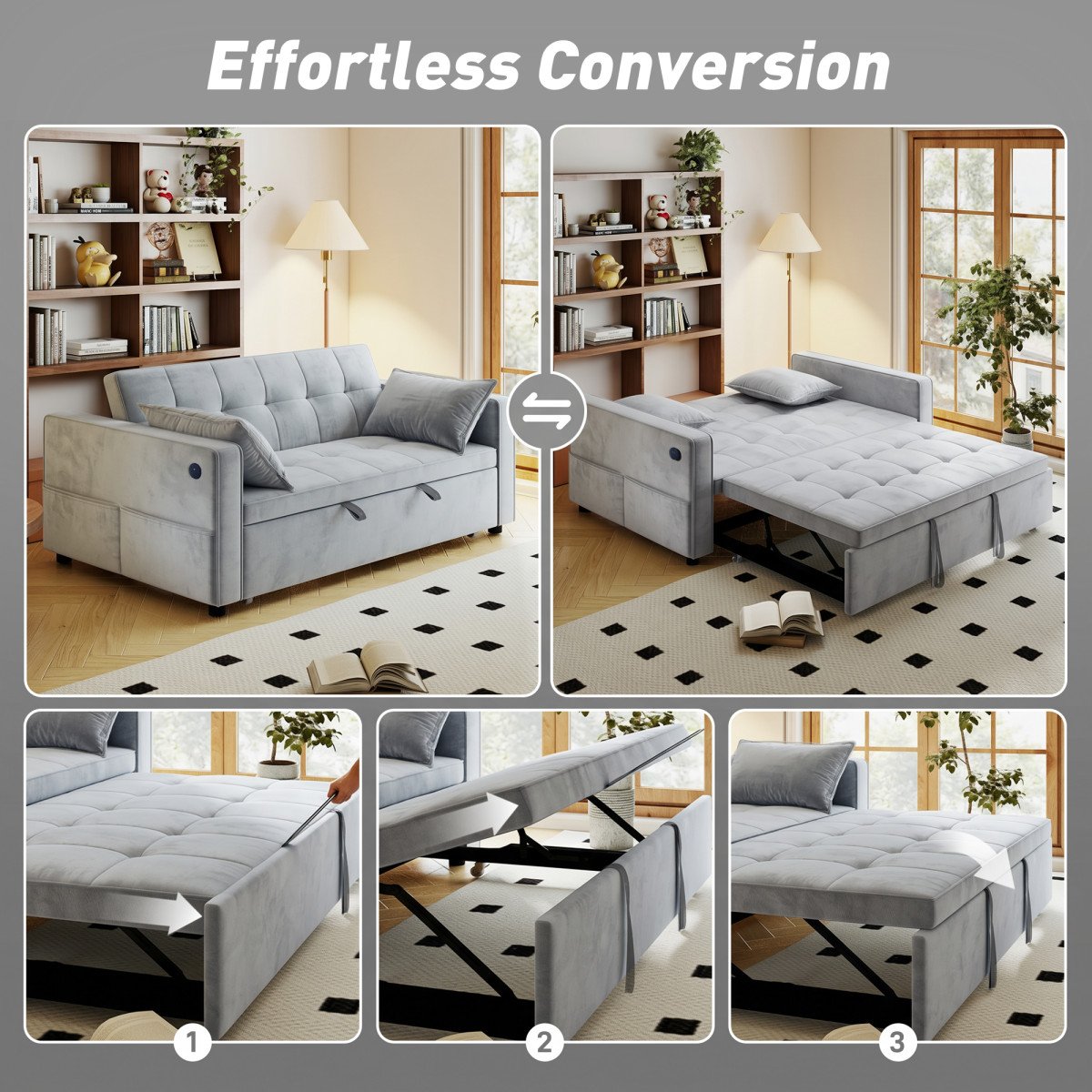 3‑in‑1 Convertible Sofa Bed, Pull Out Sleeper Sofa with USB Charging, Adjustable Backrest, Side Pockets, Light Grey