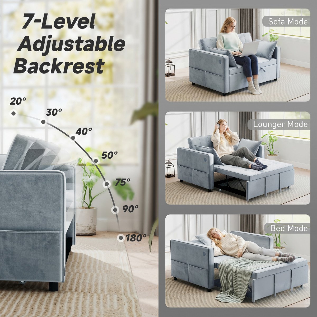 3‑in‑1 Convertible Sofa Bed, Pull Out Sleeper Sofa with USB Charging, Adjustable Backrest, Side Pockets, Light Grey