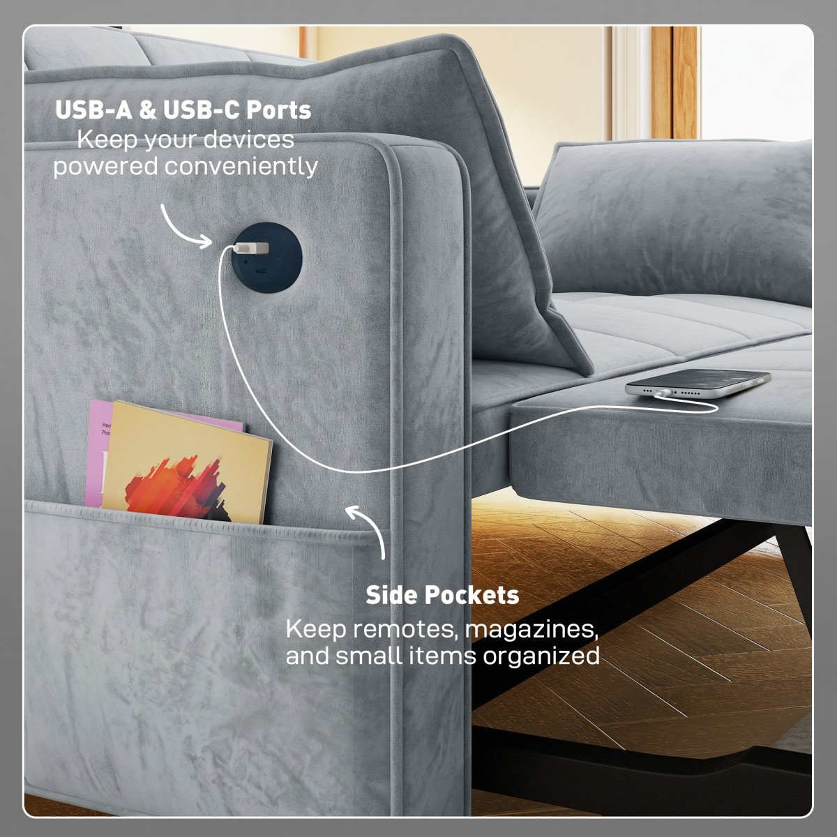 3‑in‑1 Convertible Sofa Bed, Pull Out Sleeper Sofa with USB Charging, Adjustable Backrest, Side Pockets, Light Grey