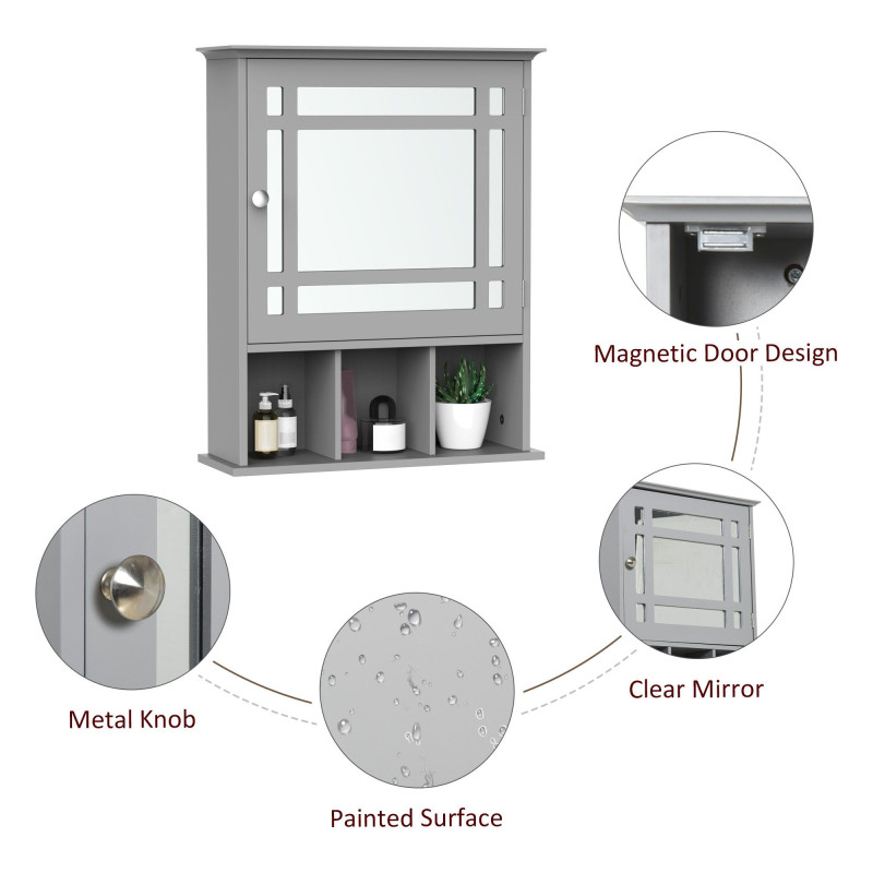 Bathroom Cabinet Wall Mount with Mirror Door 3 Shelf Organizer for Bathroom, Kitchen, Bedroom, Grey