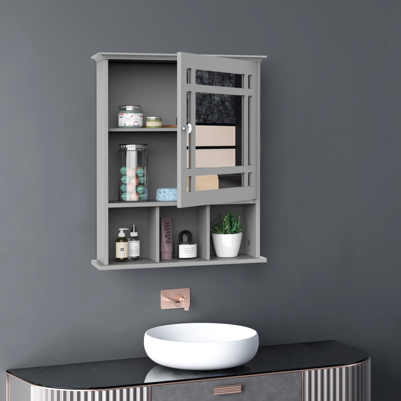 Bathroom Cabinet Wall Mount with Mirror Door 3 Shelf Organizer for Bathroom, Kitchen, Bedroom, Grey