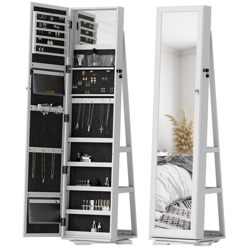 360° Swivel Jewelry Armoire, Lockable Mirror Jewelry Cabinet with Built-In Small Mirror, White