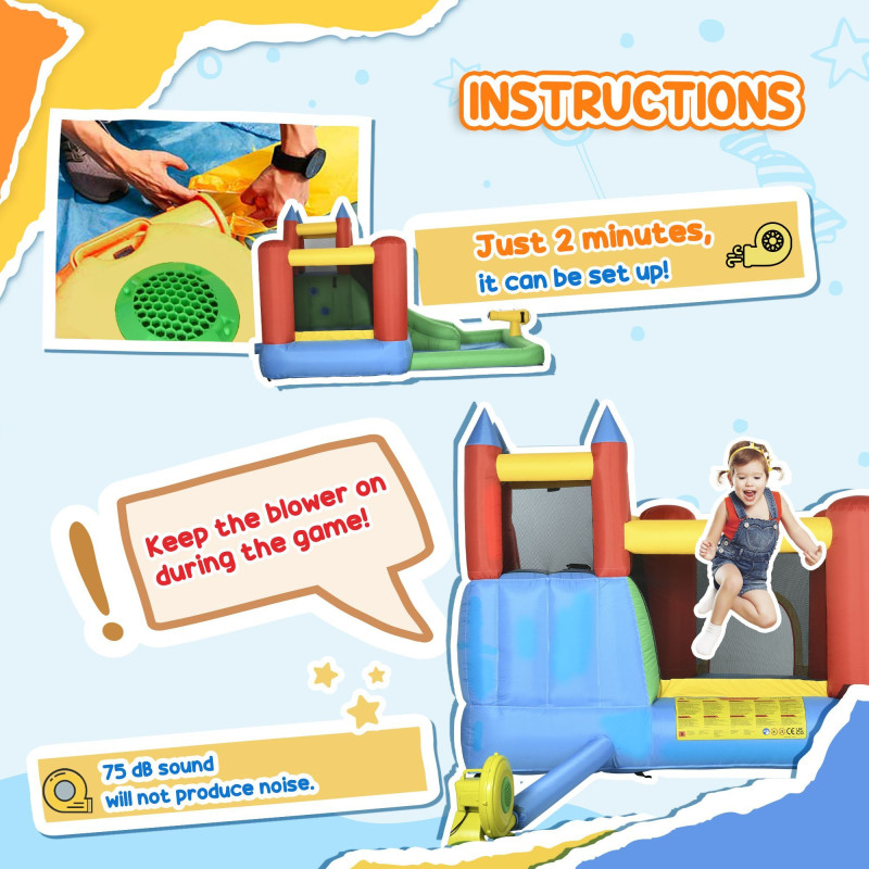 Kids Inflatable 6 in 1 Bouncy Castle House Trampoline Slide Water Pool Gun Climbing Wall Basket with Inflator for Kids Age 3-12 Summer 11.5' x 8.8' x 7' Multi-color
