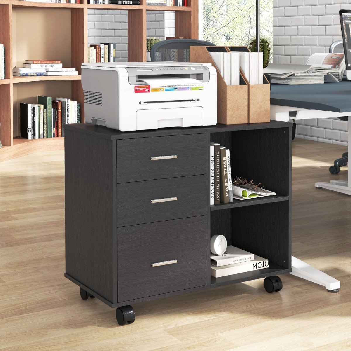 Modern Lateral Filing Cabinet, 3 Drawer File Cabinet for Letter and A4 Size Documents, Mobile, Printer Stand with Open Shelves, Rolling Wheels, Black