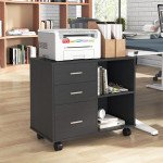 Modern Lateral Filing Cabinet, 3 Drawer File Cabinet for Letter and A4 Size Documents, Mobile, Printer Stand with Open Shelves, Rolling Wheels, Black