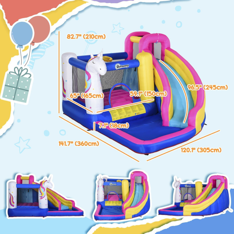 Kids 5 in 1 Inflatable Bounce Castle House, Trampoline Water Slide Pool Climbing Wall with Inflator for Kids Age 3-12 Summer 12.4' x 10.5' x 6.9' - Multi-color
