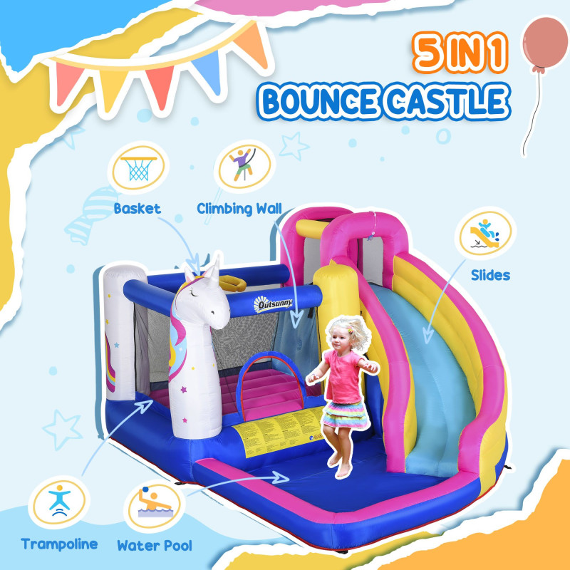 Kids 5 in 1 Inflatable Bounce Castle House, Trampoline Water Slide Pool Climbing Wall with Inflator for Kids Age 3-12 Summer 12.4' x 10.5' x 6.9' - Multi-color
