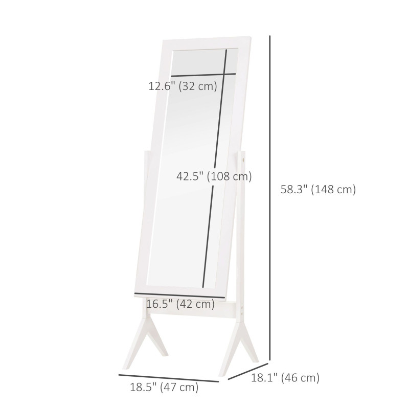 Full Length Mirror, Free Standing Full Body Mirror with Rectangular Frame, Adjustable Angle for Dressing Room, Bedroom, Living Room, White