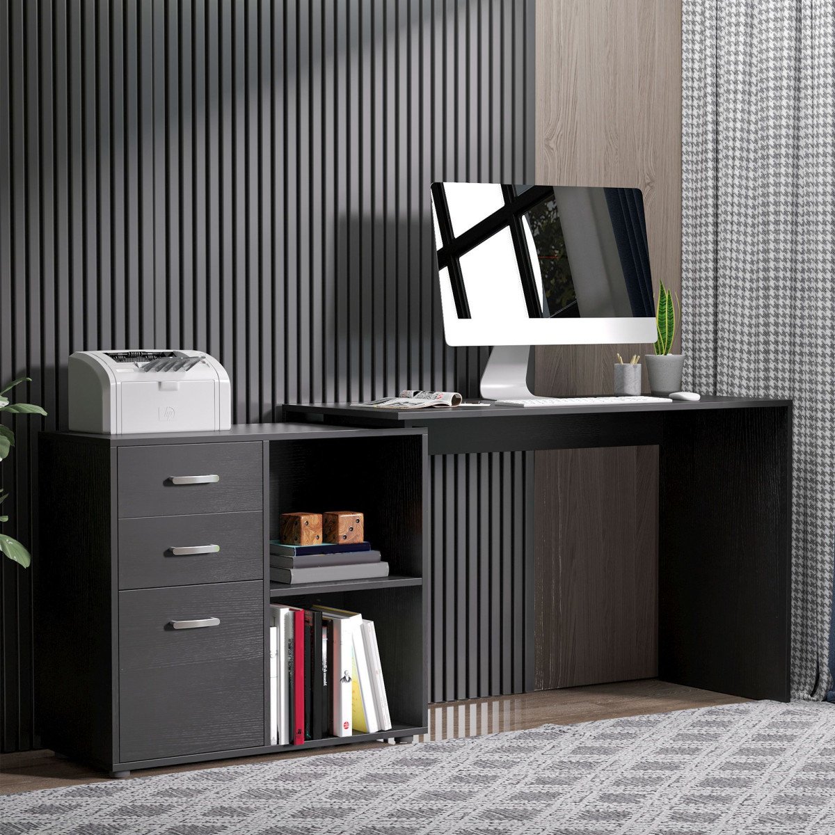 L-Shaped Corner Straight Writing Desk with Storage Shelf, Drawer, Home Office PC Table Computer Workstation, Black
