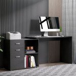 L-Shaped Corner Straight Writing Desk with Storage Shelf, Drawer, Home Office PC Table Computer Workstation, Black