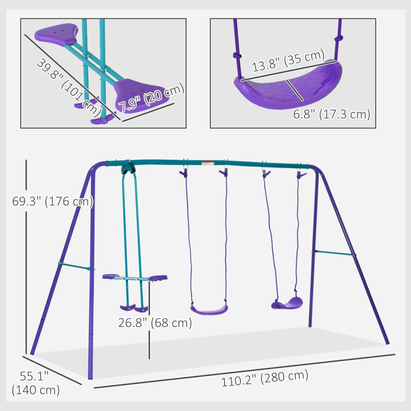 3 in 1 Metal Swing Set with Double Swings, Glider for Backyard, Outdoor, Playground, Purple