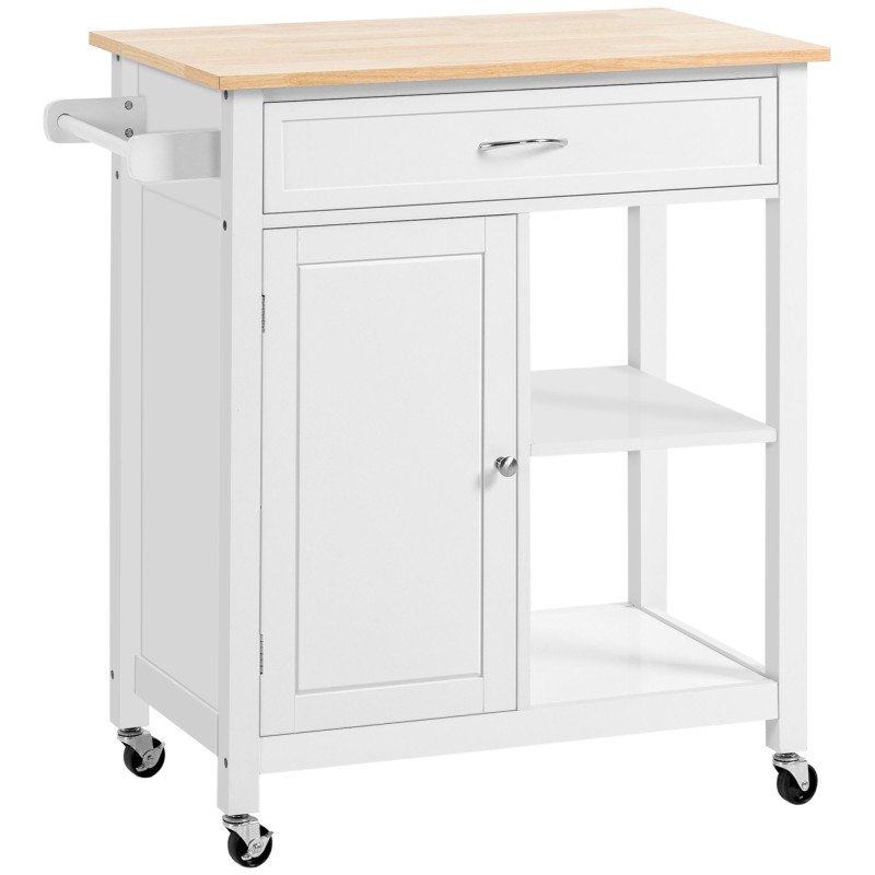 Rolling Kitchen Cart with Wood Top and Drawer, Kitchen Island on Wheels for Dining Room, White
