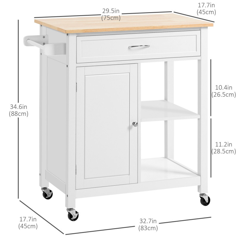 Rolling Kitchen Cart with Wood Top and Drawer, Kitchen Island on Wheels for Dining Room, White