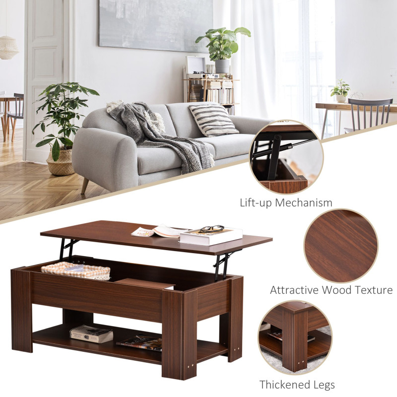 Lift Top Coffee Table with Hidden Storage Compartment and Open Shelf, Center Table for Living Room, Brown