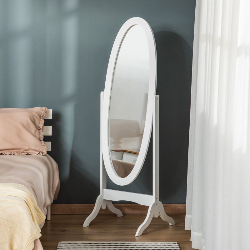 Floor Standing Mirror Full Length Mirror with Adjustable Angle Oval Frame for Dressing Room Bedroom Living Room White