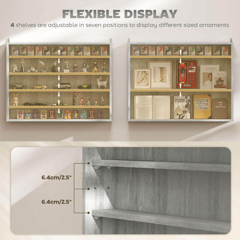 5-Tier Display Cabinet, Shot Glass Display Case, Glass Curio Cabinet with 2 Glass Doors and 4 Adjustable Shelves, Grey