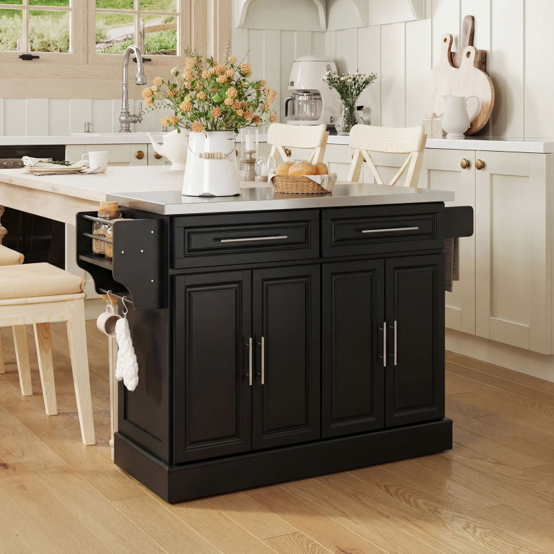 Rolling Kitchen Island with Storage and Stainless Steel Top, Kitchen Trolley with Drawers, Cabinets, Towel Rack
