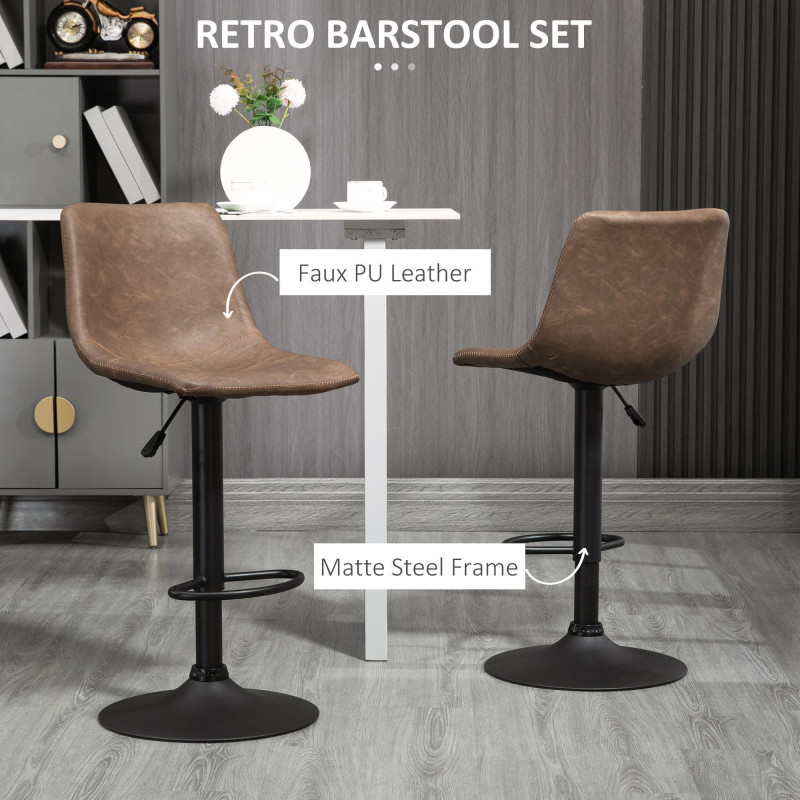 Adjustable Counter Height Bar Stools Set of 2, 360° Swivel Kitchen Counter Stools Dining Chairs with Backs, Vintage Leather, Brown