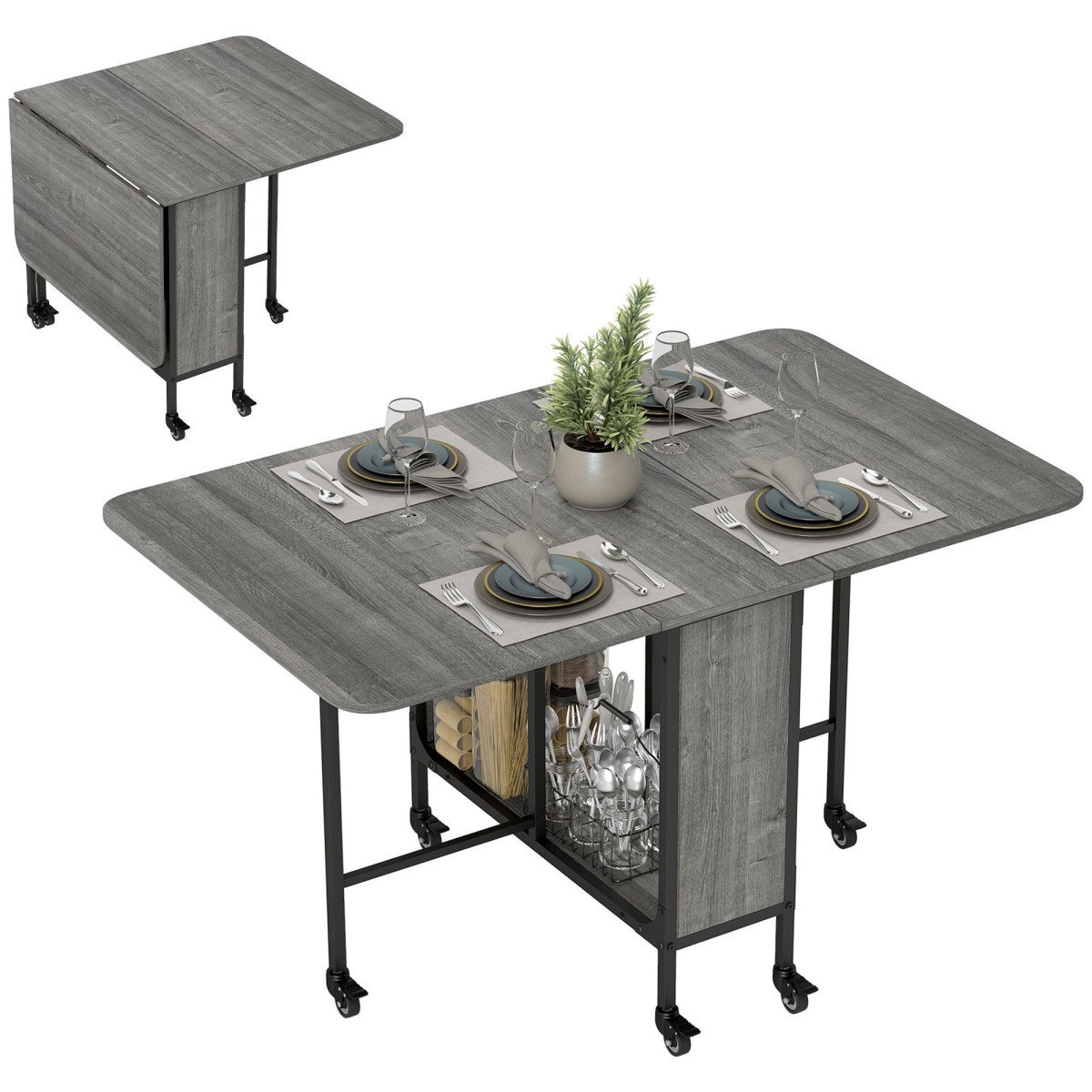 Folding Dining Table, Extendable Kitchen Table for Small Spaces with Storage Shelf and 6 Wheels, Distressed Grey