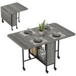 Folding Dining Table, Extendable Kitchen Table for Small Spaces with Storage Shelf and 6 Wheels, Distressed Grey