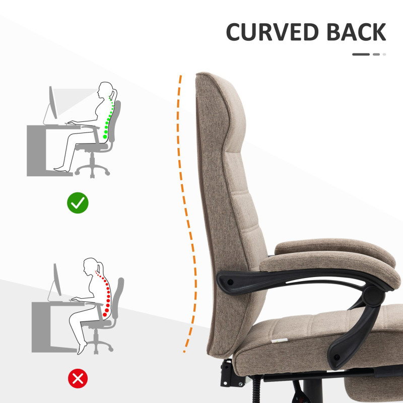 Office Chair, Linen High Back Computer Desk Chair, Swivel Recliner with Adjustable Height, Footrest and Padded Armrest, Brown