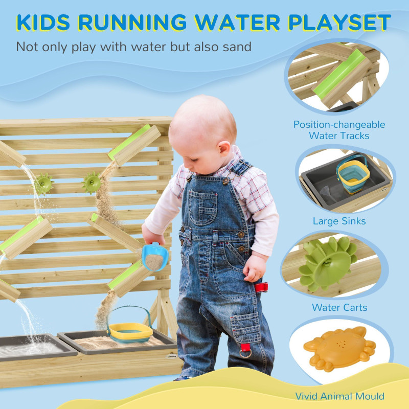 18 Pcs Kids Running Water and Sand Playset Outdoor with Sinks, Wooden Sensory Toys with Colorful Accessories, Gift for Boys and Girls, Aged 3-7 Years Old