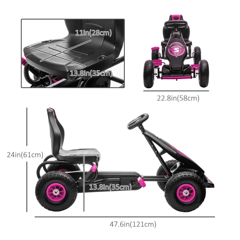 Pedal Go Kart with Adjustable Seat and Rubber Shock-Absorbing Wheels, Pink