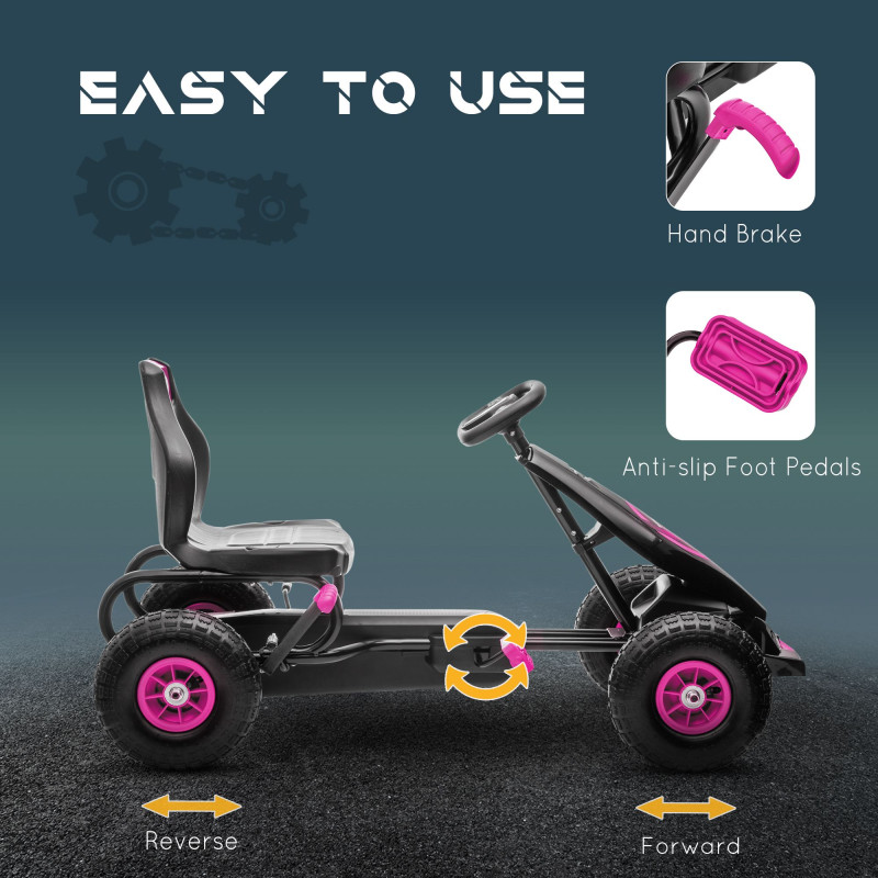 Pedal Go Kart with Adjustable Seat and Rubber Shock-Absorbing Wheels, Pink