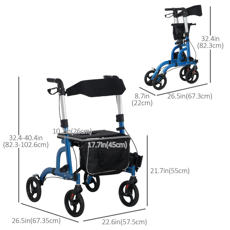 Rollator Walker for Seniors and Adults with 8'' Wheels, Padded Seat and Backrest,  Storage Bag Blue