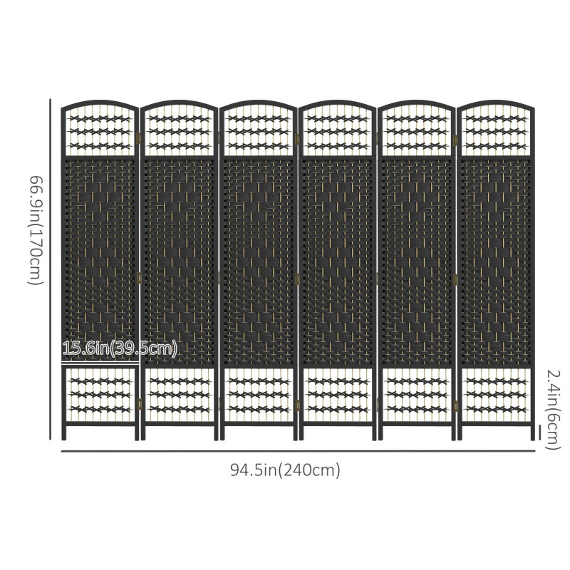 6 Panel Folding Room Divider, Portable Privacy Screen, Wave Fiber Room Partition for Home Office, Black