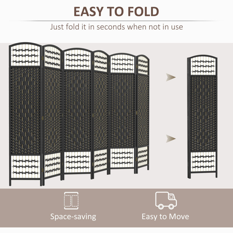 6 Panel Folding Room Divider, Portable Privacy Screen, Wave Fiber Room Partition for Home Office, Black