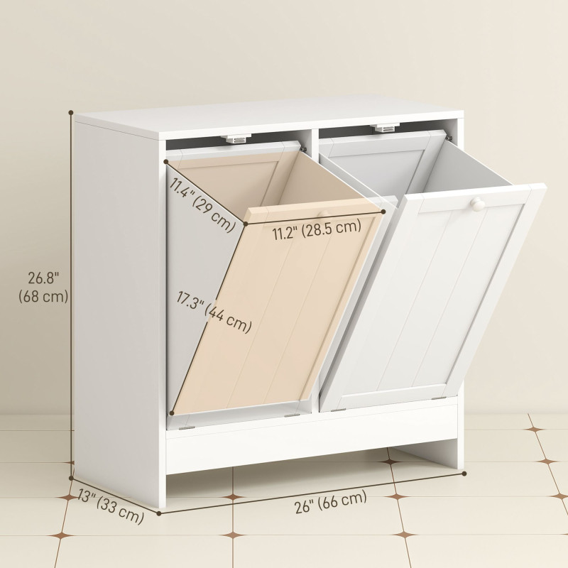 Tilt-Out Laundry Storage Cabinet, Modern Laundry Hamper with 2 Compartments for Bathroom Washroom, White