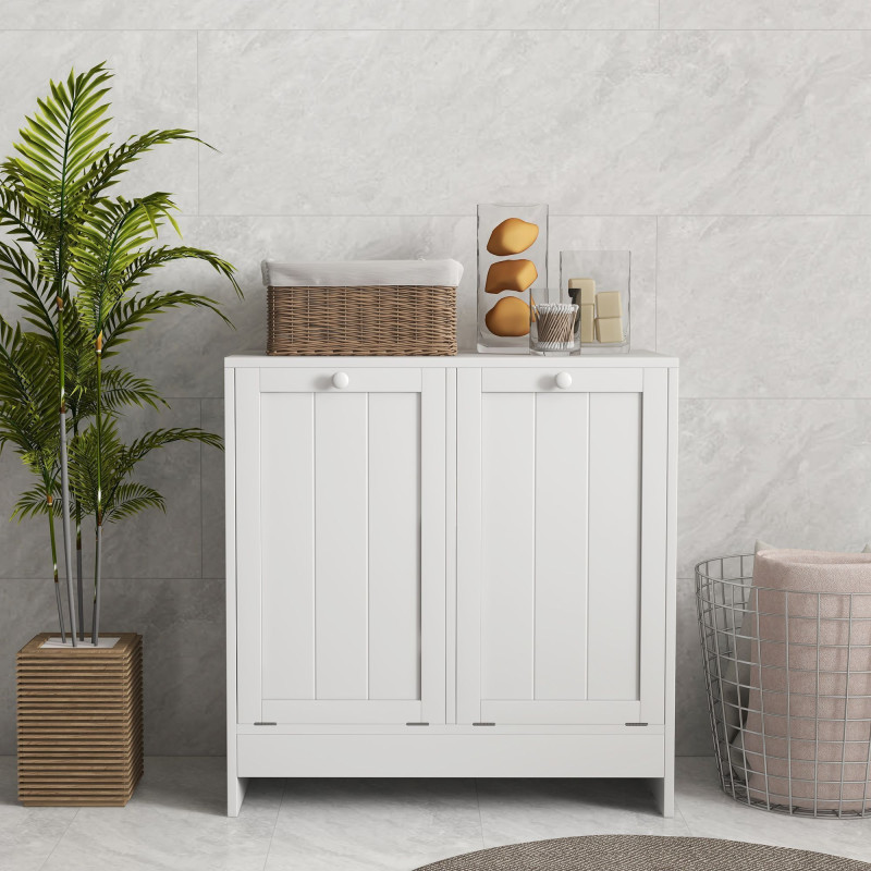 Tilt-Out Laundry Storage Cabinet, Modern Laundry Hamper with 2 Compartments for Bathroom Washroom, White
