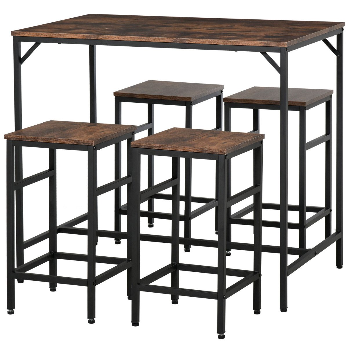 5 Pieces Industrial Rectangular Bar Table Set, Dining Table Set Breakfast Table with 4 Stools for Dining Room, Kitchen, Dinette, Rustic Brown
