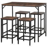 5 Pieces Industrial Rectangular Bar Table Set, Dining Table Set Breakfast Table with 4 Stools for Dining Room, Kitchen, Dinette, Rustic Brown