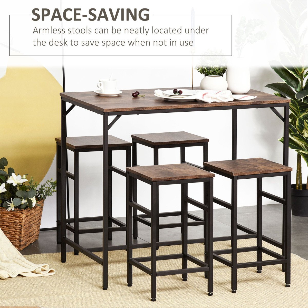 5 Pieces Industrial Rectangular Bar Table Set, Dining Table Set Breakfast Table with 4 Stools for Dining Room, Kitchen, Dinette, Rustic Brown
