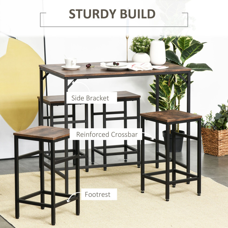 5 Pieces Industrial Rectangular Bar Table Set, Dining Table Set Breakfast Table with 4 Stools for Dining Room, Kitchen, Dinette, Rustic Brown