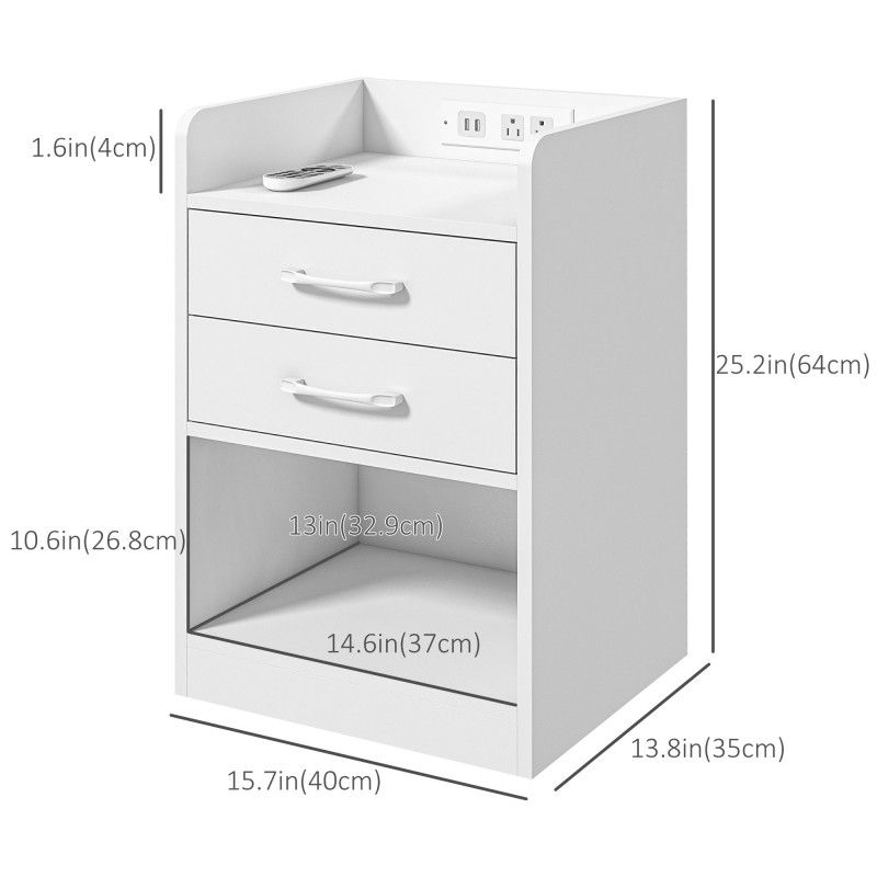 Tall Nightstand with Charging Station and LED Lights, Small Bedside Table with AC Outlets, USB Ports, 2 Drawers, Shelf