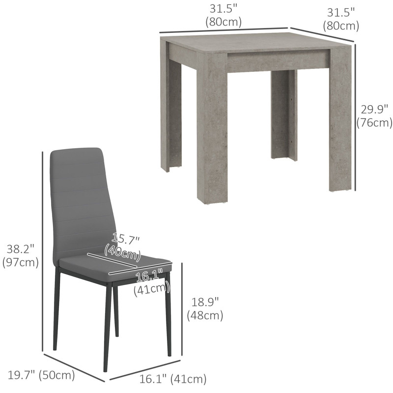 Dining Table Set for 2, Square Kitchen Table and Chairs, Dining Room Table and PU Leather Upholstered Chairs, Grey