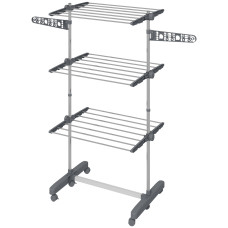 3-Tier Foldable Clothes Drying Rack, Stainless Steel Laundry Rack with 2 Side Wings and 6 Castors, Collapsible Adjustable Clothes Airer for Indoor Outdoor, Grey