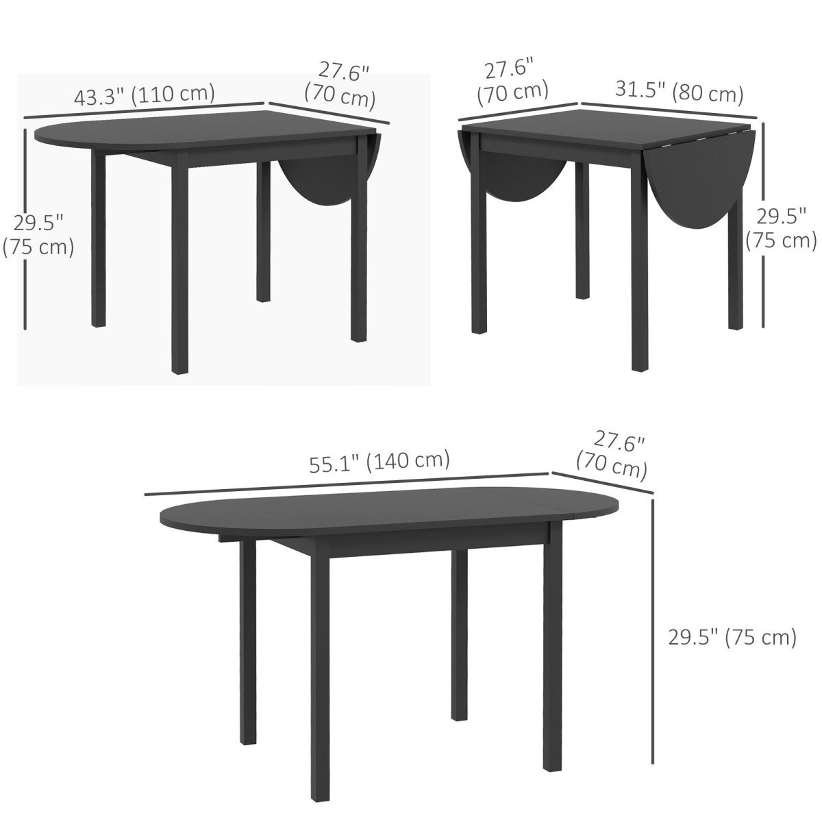 Solid Wood Kitchen Table, Drop Leaf Tables for Small Spaces, Folding Dining Table, Black