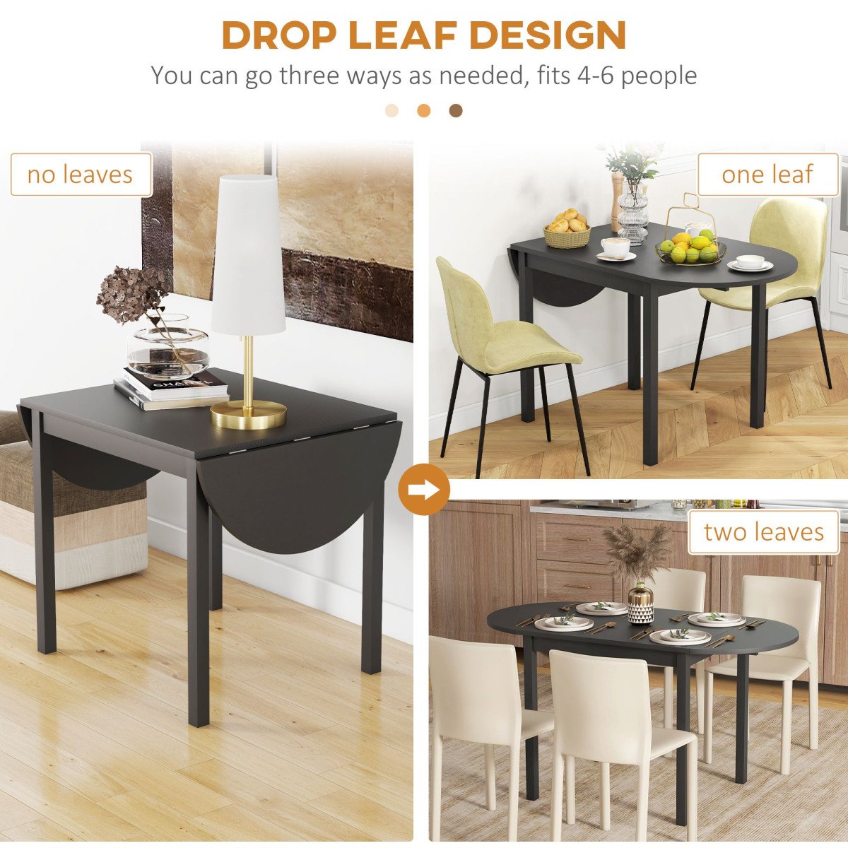 Solid Wood Kitchen Table, Drop Leaf Tables for Small Spaces, Folding Dining Table, Black